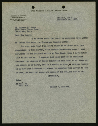 Robert P. Scripps's Letter to Newton D. Baker