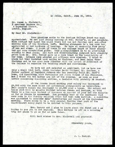 J. C. Harper letter to James A. Blaisdell, 1926 June 21