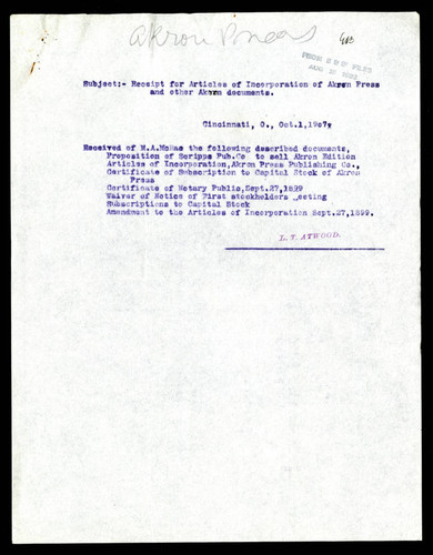 Receipt for Incorporation of Akron Press
