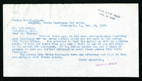 Letter from C. J. Stein to H. N. Rickey, 1907-10-22