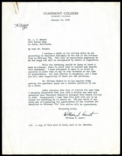 William S. Ament letter to J. C. Harper, 1936 January 22