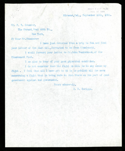 Letter from E. W. Scripps to F. B. Gessner, 1905-09-13