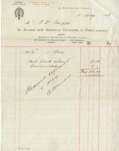 Receipt, American Exchange in Paris