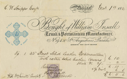 Receipt, William Insall, Bristol, England, Trunk & Pormanteau Manufacturer