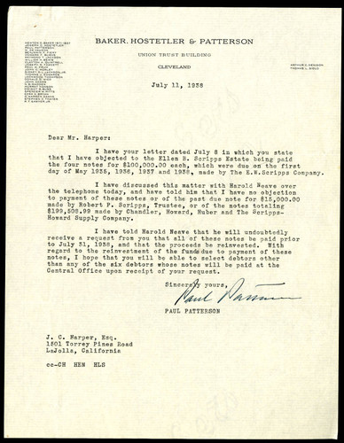 Paul Patterson's Letter to J.C. Harper, 1938 July 11