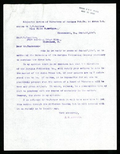 Letter from L. T. Atwood to W. W. Thornton, 1907-09-28