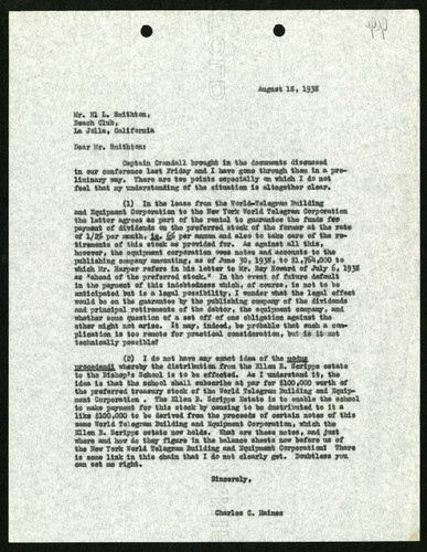 Charles C. Haines's Letter to Harry L. Smithton