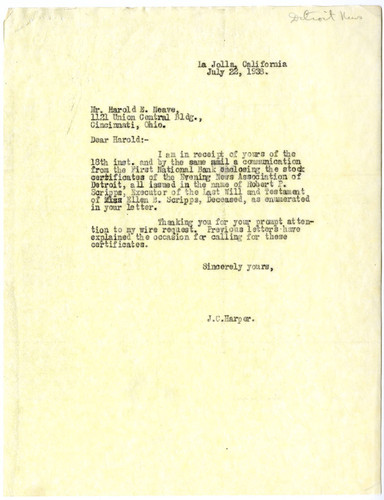 J.C. Harper's Letter to H.E. Neave, 1938 July 22