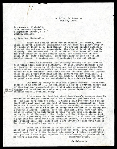 J. C. Harper letter to James A. Blaisdell, 1926 May 26