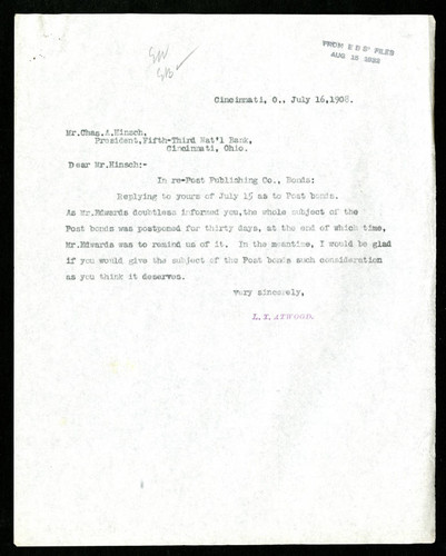 Letter from L. T. Atwood to Chase Hinsch, 1908-07-16