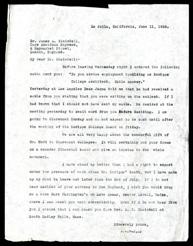 J. C. Harper letter to James A. Blaisdell, 1926 June 11