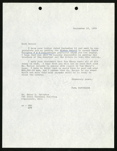 Paul Patterson's Letter to Harry L. Smithton