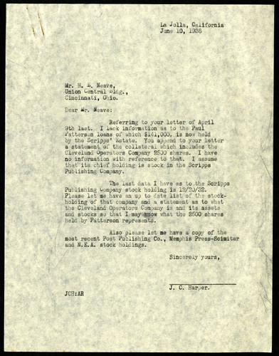 J.C. Harper's Letter to H.E. Neave, 10 June, 1936