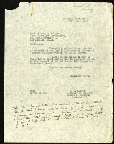 J.C. Harper's Letter to Bank of America, 22 May, 1933