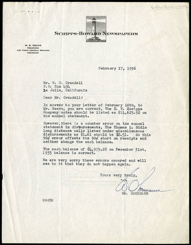 William Obermann's Letter to W.C. Crandall, 17 February, 1936