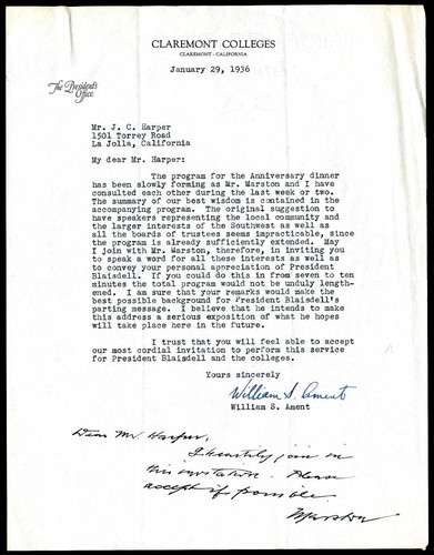 William S. Ament letter to J. C. Harper, 1936 January 29