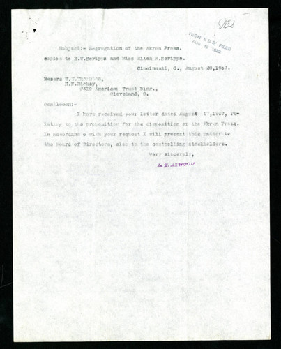 L. T. Atwood Letter to W. W. Thornton and H. N. Rickey, 1907-08-20