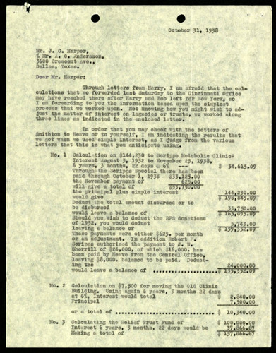 W. C. Crandall's Letter and Calculations of Simple Interest to Jacob C. Harper