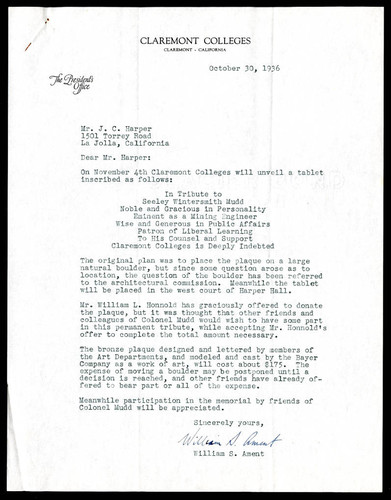 William S. Ament letter to J. C. Harper, 1936 October 30