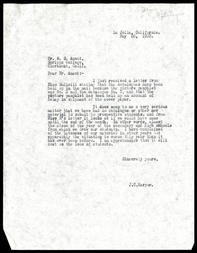 J. C. Harper letter to William S. Ament, 1933 May 26