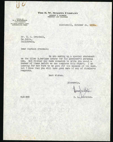 H.L. Smithton's Letter to W.C. Crandall, 26 October, 1936