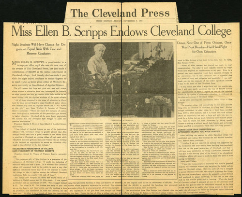 The Cleveland Press, "Miss Ellen B. Scripps Endows Cleveland College"