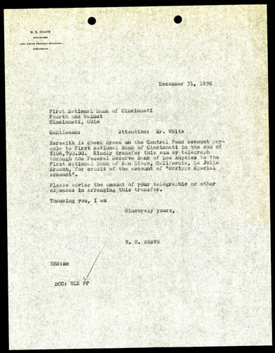 H.E. Neave's Letter to Mr. White of the First National Bank of Cincinnati, 31 December, 1938