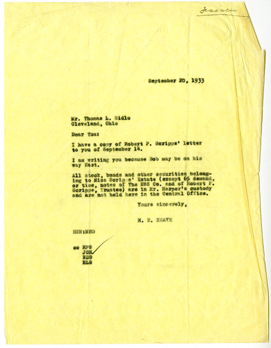 H.E. Neave's Letter to Thomas L. Sidlo, 1933 September 20