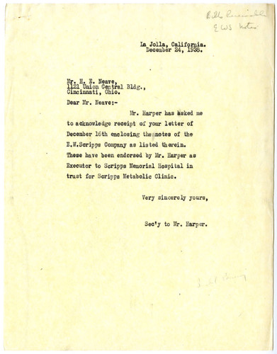 Secretary to J.C. Harper's Letter to H.E. Neave, 1938 December 24