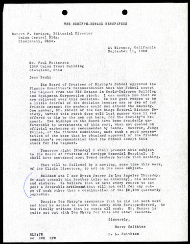 Harry L. Smithton's Letter to Paul Patterson, 11 September, 1938