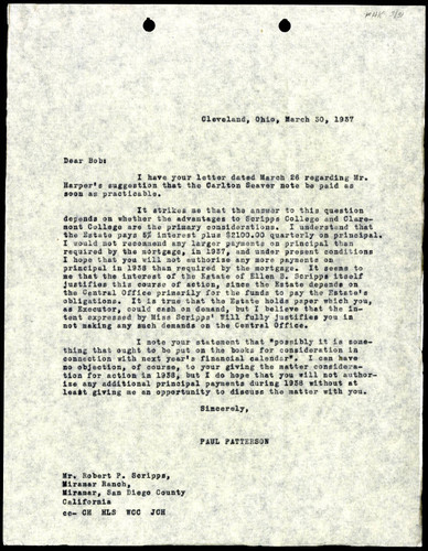 Paul Patterson's Letter to Robert P. Scripps, 30 March, 1937