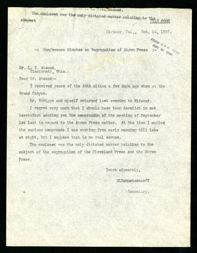 Letter from H. L. Schmetzstorff to L. T. Atwood, 1907-10-14