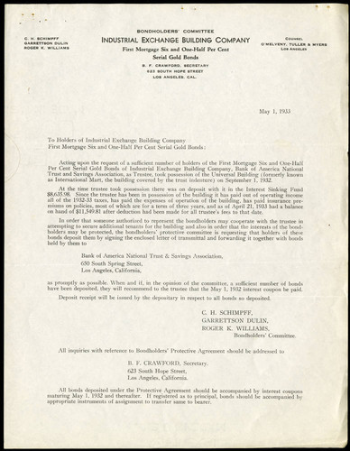 Industrial Exchange Building Company's Letter to their Stockholders, 1 May, 1933