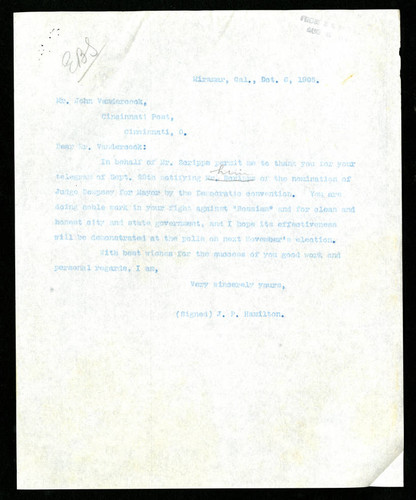 Letter from J. P. Hamilton to John Vandercook, 1905-12-06