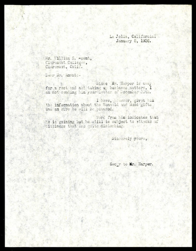 J. C. Harper's secretary letter to William S. Ament, 1937 January 5