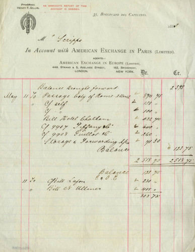 Receipt, American Exchange in Paris, 1883 April 11