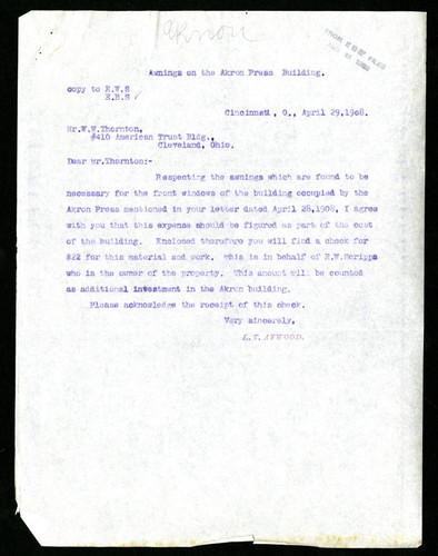 Letter from L. T. Atwood to W. W. Thornton, 1908-04-29