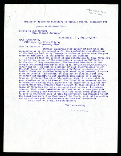 Letter from L. T. Atwood to W. W. Thornton, 1907-09-25