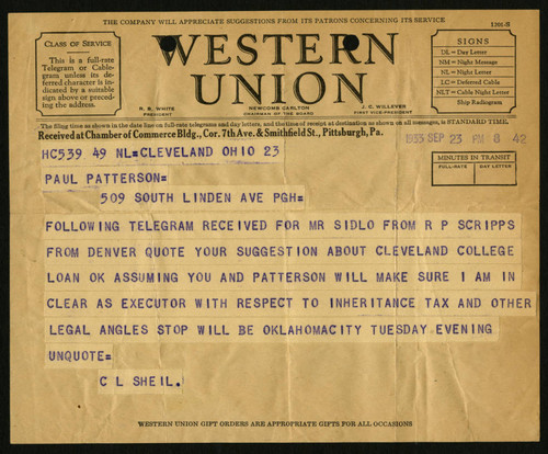 C. L. Sheil's Telegram to Paul Patterson