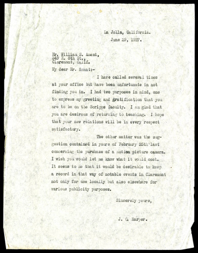 J. C. Harper letter to William S. Ament, 1927 June 29