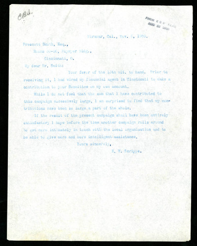 Letter from E. W. Scripps to Prescott Smith, 1905-11-06