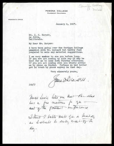 James A. Blaisdell letter to J. C. Harper, 1927 January 8