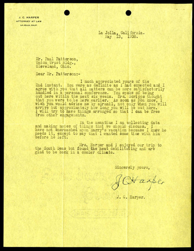 J.C. Harper's Letter to Paul Patterson, 13 May, 1938