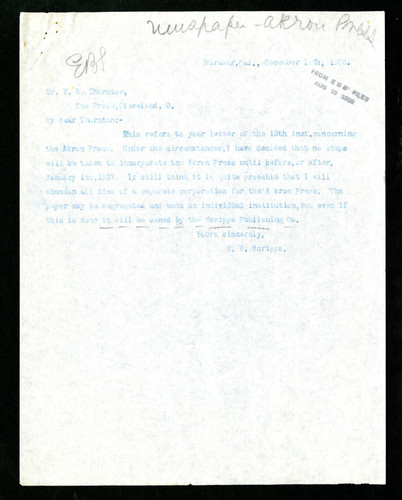 E. W. Scripps Letter to W. W. Thornton, 1905-12-19