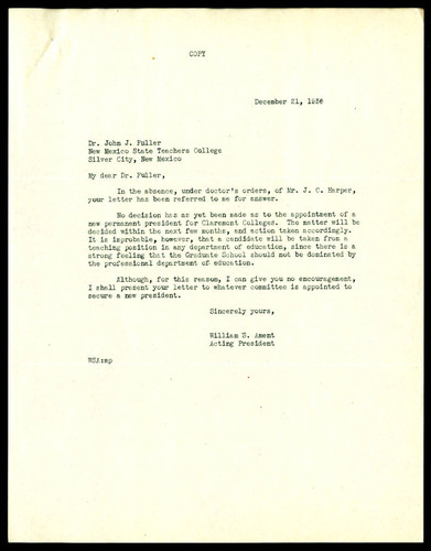 William S. Ament letter to John J. Fuller, 1936 December 21