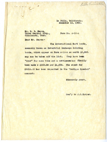 Secretary of J.C. Harper's Letter to H.E. Neave, 1935 December 14