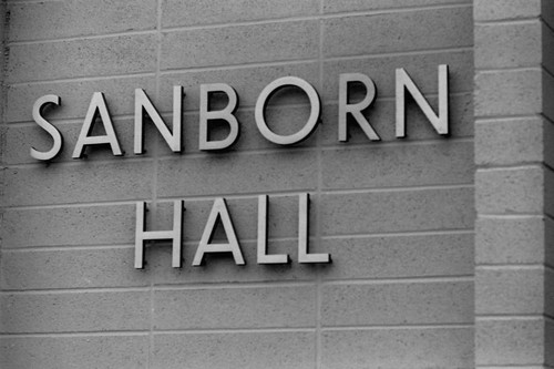 Close-up of Sanborn Hall sign