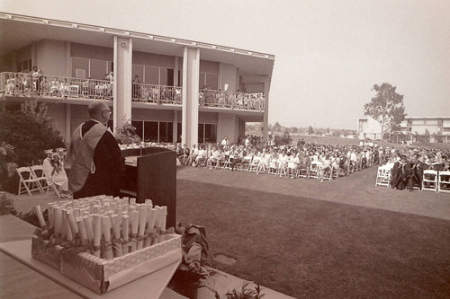 President Atherton addressing audience in Scott Courtyard