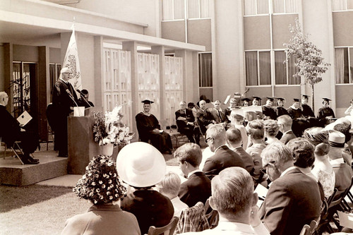 President Atherton at Sanborn Hall during first commencement