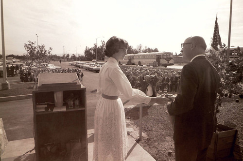 Harriett Crosby and President Atherton at Sanborn and Scott Halls dedication